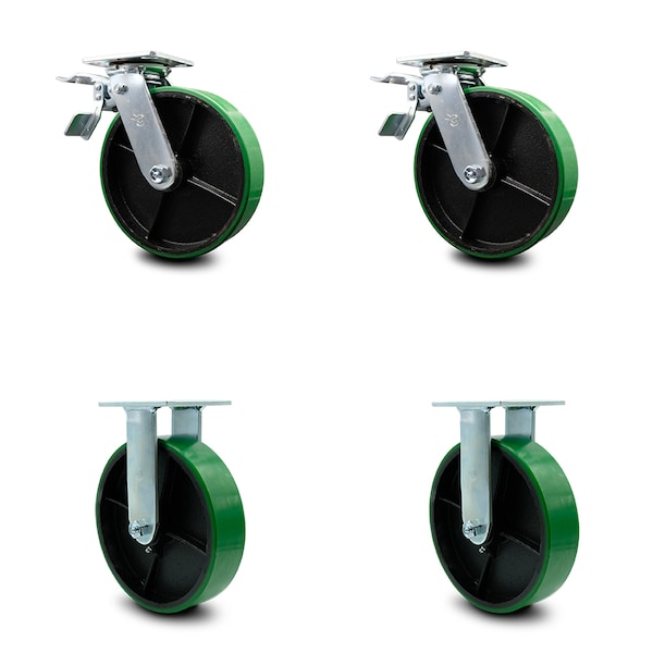 Service Caster 8 Inch Green Poly on Cast Iron Caster Set with Roller Bearings 2 Brakes 2 Rigid SCC-TTL30S820-PUR-GB-2-R-2 - main